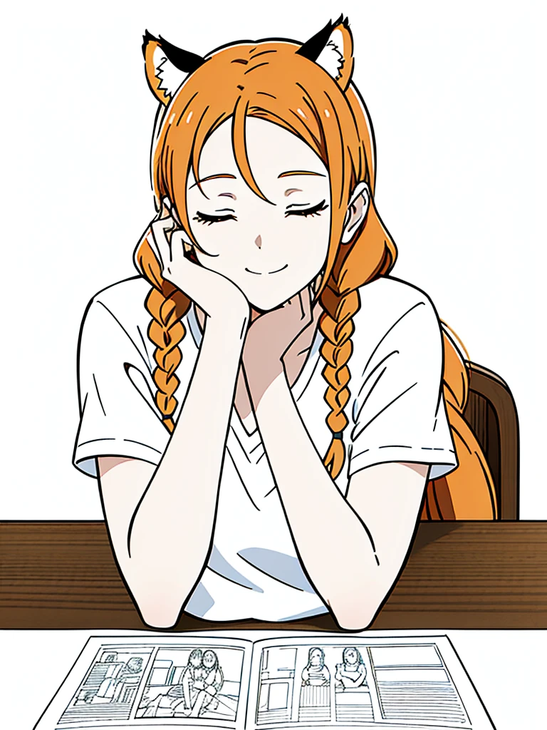 1girl,20 years old,solo,mature female,tiger ears,long hair,(twin braids),orange hair,casual,(white background,line drawing),closed eyes,open mouth,smile,from front,pov across table,hand_on_own_face, head_rest, hand_on_own_cheek