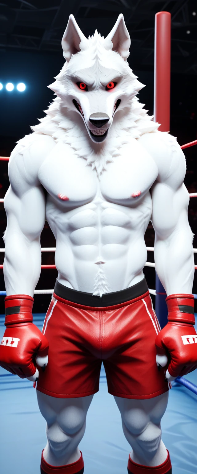 score_9, score_8_up, score_7_up, rating_rule34,source_furry,anthro,source_3D,
white wolf Alone in a fighting ring Wearing boxer gloves.  (Red eyes) Looking at the viewer And those shorts that fighters wear in the UFC. Ultra-sharp white canine teeth (which are capable of cutting off an entire human arm)