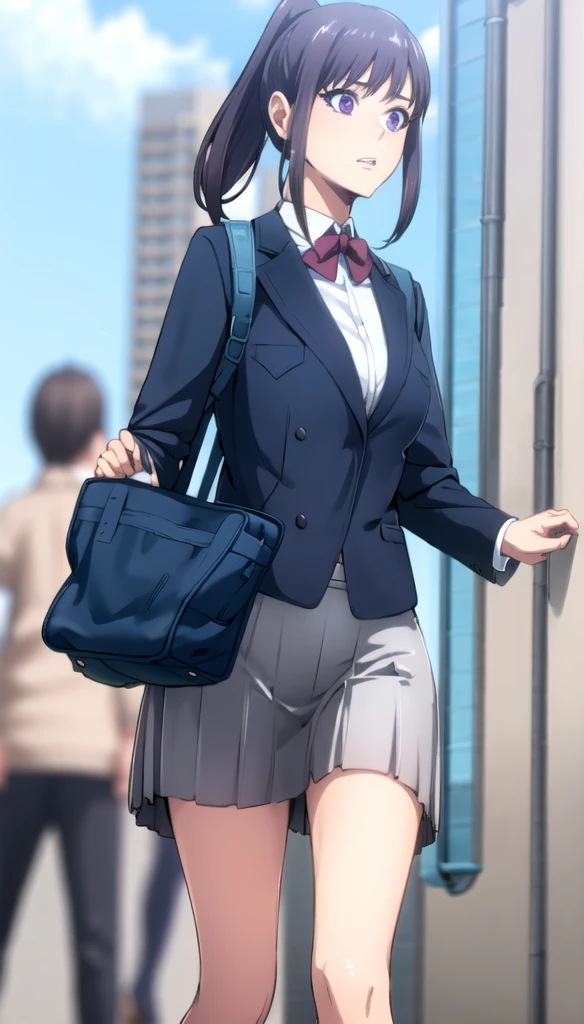 photorealistic, (4k), depth of field, (Masterpiece), (realistic skin texture), extremely detailed, intricate, hyper detailed, professional photography, bokeh, high resolution, sharp detail, best quality, girl, purple hair, ponytail, purple eyes, blue school uniform, skirt, nice hands, perfect hands, twisted torso, dynamic pose, modern city, skyscraper, walking down the street, sunlight, daytime, reflections,