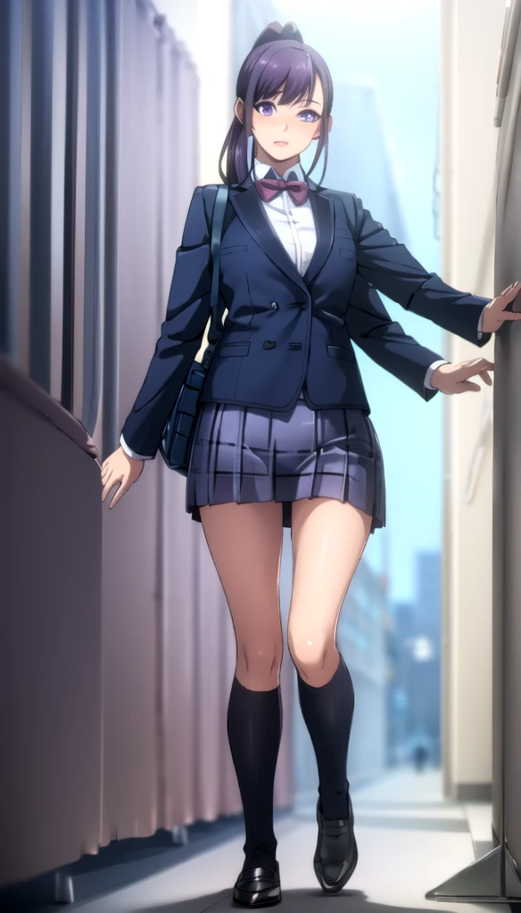 photorealistic, (4k), depth of field, (Masterpiece), (realistic skin texture), extremely detailed, intricate, hyper detailed, professional photography, bokeh, high resolution, sharp detail, best quality, girl, purple hair, ponytail, purple eyes, blue school uniform, skirt, nice hands, perfect hands, twisted torso, dynamic pose, modern city, skyscraper, walking down the street, sunlight, daytime, reflections,