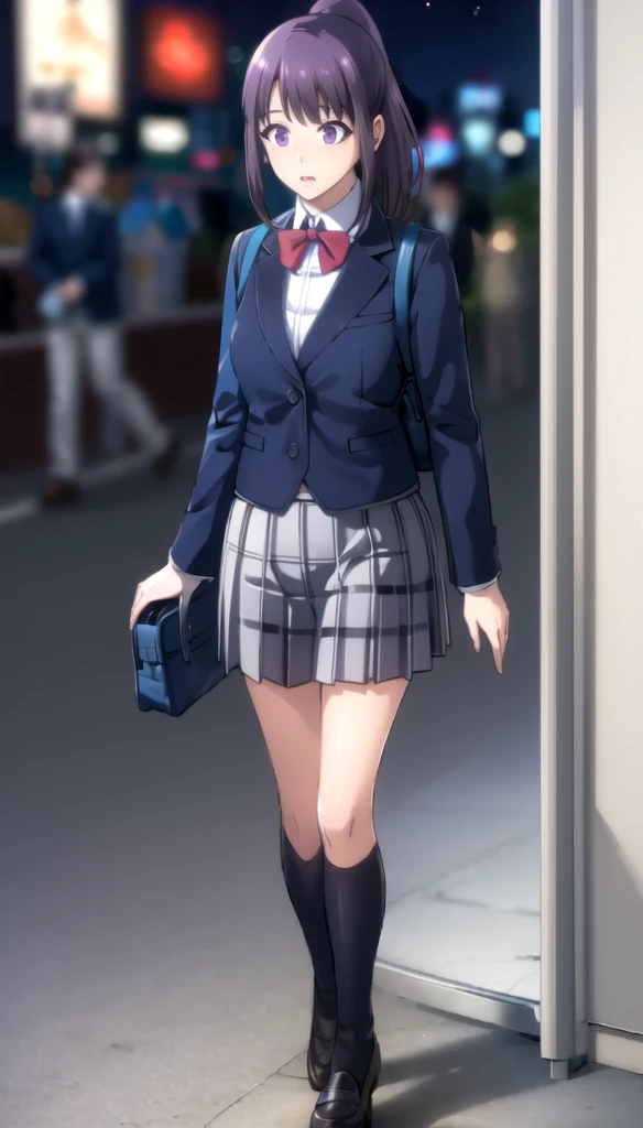 photorealistic, (4k), depth of field, (Masterpiece), (realistic skin texture), extremely detailed, intricate, hyper detailed, professional photography, bokeh, high resolution, sharp detail, best quality, girl, purple hair, ponytail, purple eyes, blue school uniform, skirt, nice hands, perfect hands, twisted torso, dynamic pose, modern city, skyscraper, walking down the street, sunlight, daytime, reflections,