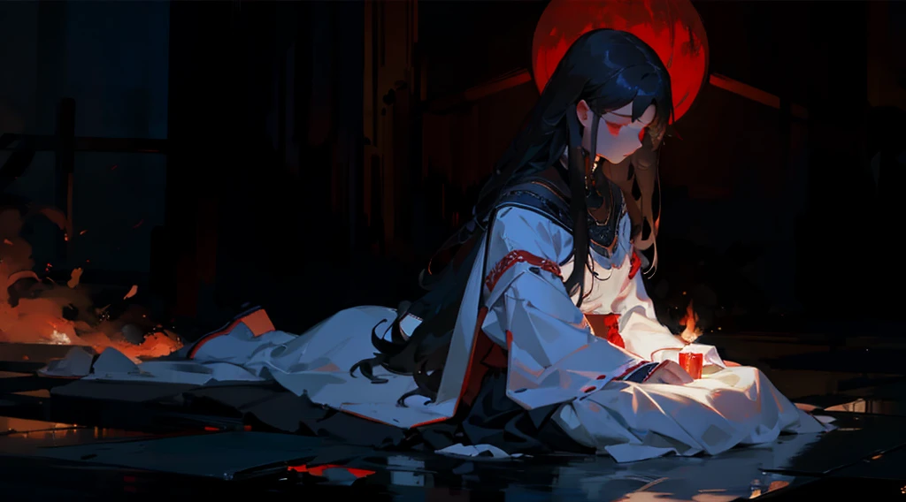 dark colours, a woman sitting on the ground, white night gown, dreamy, mysterious, long black hair, red lily in hand