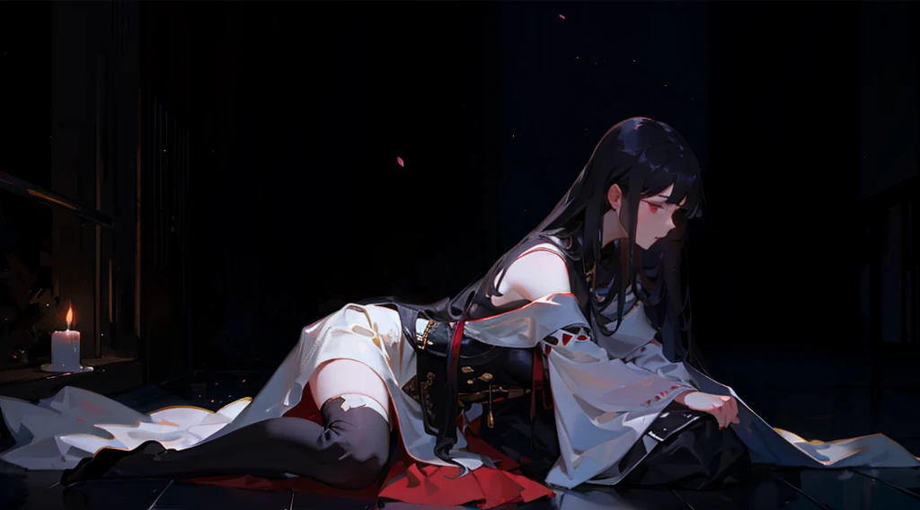 dark colours, a woman sitting on the ground, white night gown, dreamy, mysterious, long black hair, red lily in hand