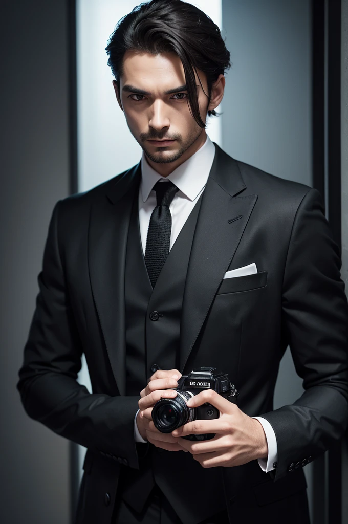 Create a man in a black suit holding a camera