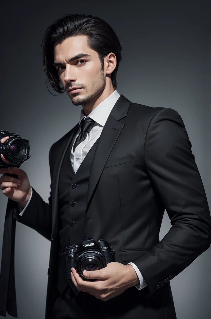 Create a man in a black suit holding a camera 