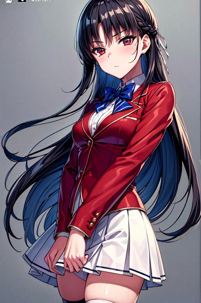 (masterpiece, best quality:1.5), (ultra detailed:1.4), super fine illustration, perfect anatomy, 8k portrait, official art, anime screencap, 
1girl,
Suzune Horikita, 
Suzune Horikita \(youjitsu\),
long hair, braid, 
black hair, 
red eyes, slant eyes, small eyes, 
blue bow, 
medium , 
red jacket, long sleeves, white skirt, pleated skirt, black thigh-high socks, 
looking at viewer, 
cowboy shot, 
perfect light, 