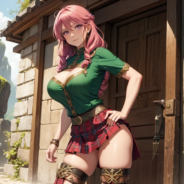 (absurdres, high fantasy artwork, best high quality image, carefuly detailed, very detailed features and textures) solo character
60 years old barbarian woman , long curly braided red hair, purple eyes, medium big reen scottish shirt, medium pink scottish skirt)
Smiling, cheerful, kind and wise, doing a confident and brave pose with her hands on her hips
Wooden irish cotage with ancient greek forniture and celtic forniture