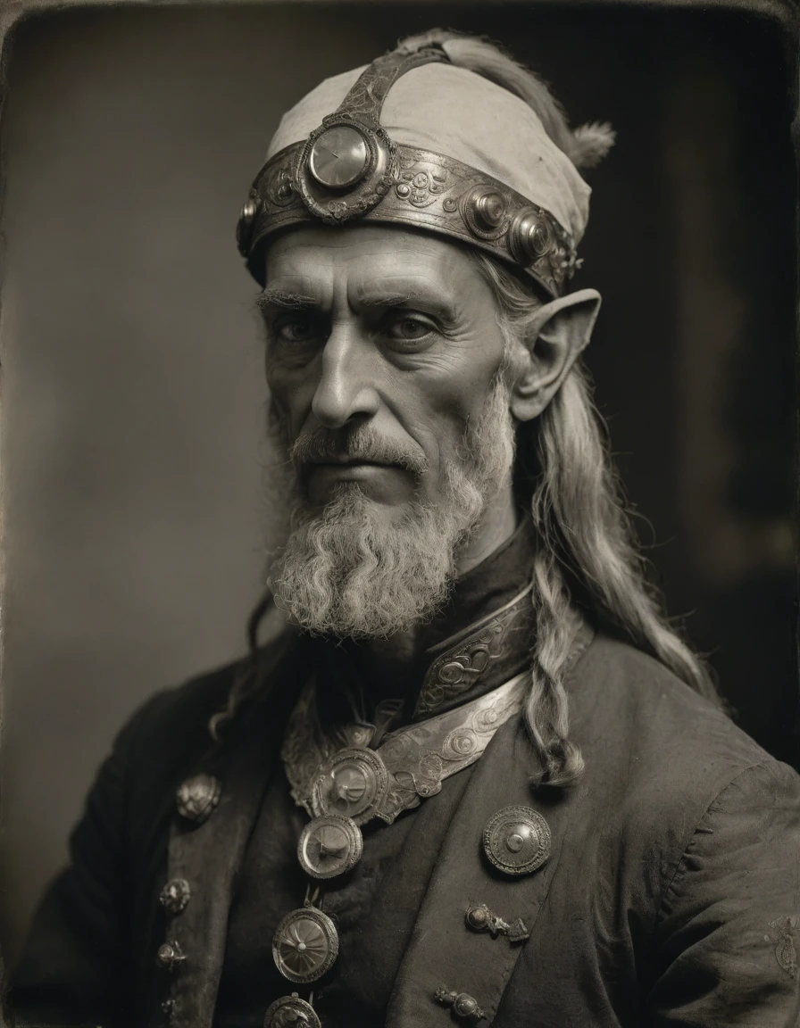 ((((Masterpiece, daguerreotype on old paper, monochrome)))), by Moebius, by Théodore Géricault, the composition is: ((((40 year old male high elf scientist, tan, elf ears, Assyrian beard, sullen, magnificent, he is wearing Mesopotamian costume with Steampunk elements, sashes, medals, pendants)))).