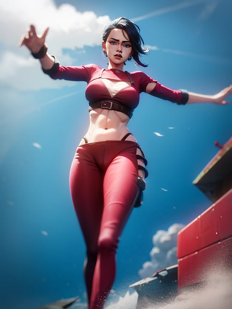 There is a 3D image of a woman on a woman in a red mini dress, Tiro Giantess altamente detalhado, Arte Giantess, disparo de gigantesca, Giantess, Tiro Gigantess extremamente detalhado, estilo de espelho\Borda, pose de salto heroico, gigantesca macro, gigantesca de fogo quente, L , Asian, botas altas, calcinha exposta!