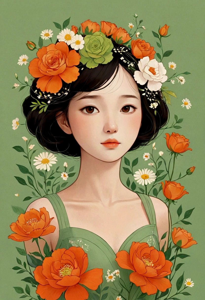 in style of Victo Ngai, beautiful details,Canvas Tote Bag Design,Simplicity,modern,upscale,cute,Color blocking,Flowers,Taiping Life Insurance Logo,Orange,Light green,lattice,line,illustration,Animation,Pixar,