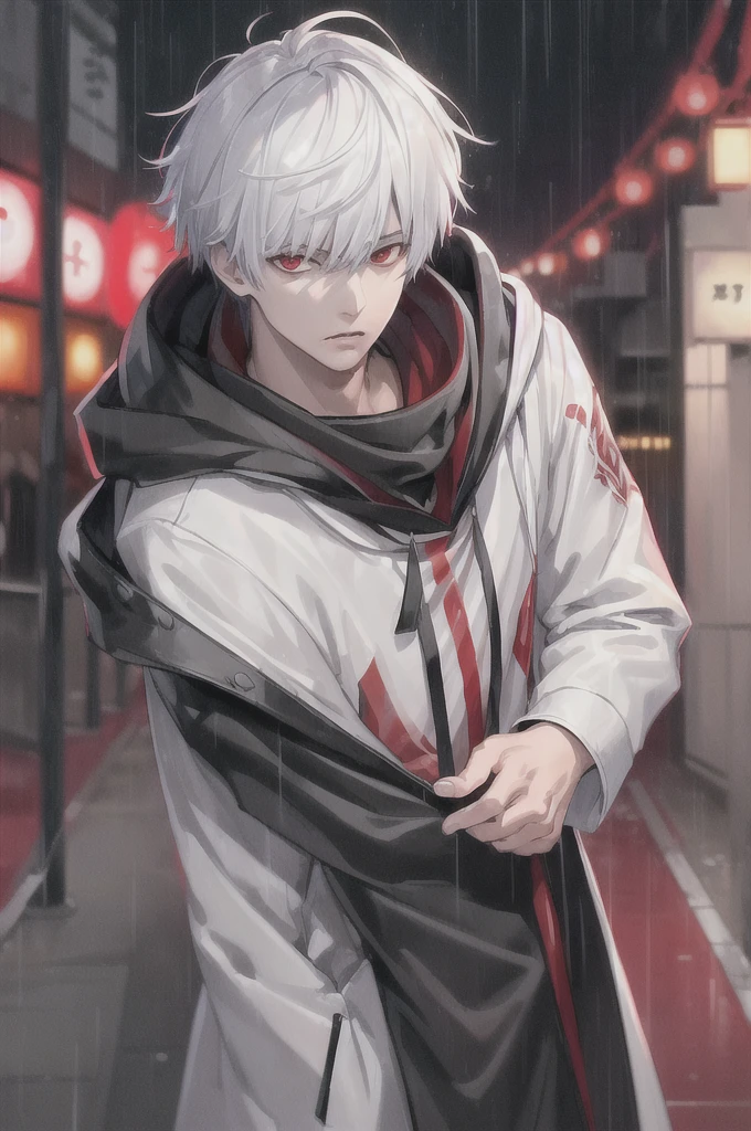 kk, best quality, more details, masterpiece, 1boy, kaneki ken, portrait, male focus, red eyes, solo, bangs, looking at viewer, hood, short hair, rain, tokyo tokyo \(city\),  hood up, nail polish, white hair, luxurious, 8k, detailed, ray tracing, depth of field, cinematic lighting,