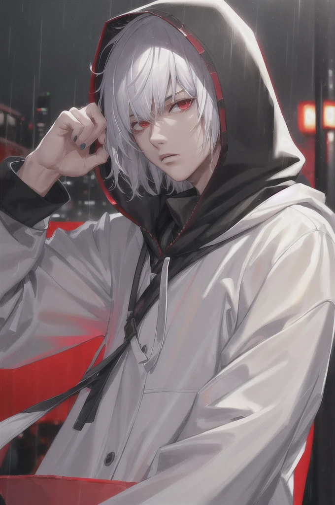 kk, best quality, more details, masterpiece, 1boy, kaneki ken, portrait, male focus, red eyes, solo, bangs, looking at viewer, hood, short hair, rain, tokyo tokyo \(city\), hood up, nail polish, white hair, luxurious, 8k, detailed, ray tracing, depth of field, cinematic lighting,