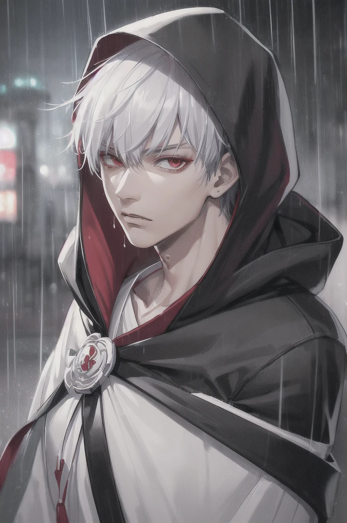 kk, best quality, more details, masterpiece, 1boy, kaneki ken, portrait, male focus, red eyes, solo, bangs, looking at viewer, hood, short hair, rain, tokyo tokyo \(city\), hood up, nail polish, white hair, luxurious, 8k, detailed, ray tracing, depth of field, cinematic lighting,