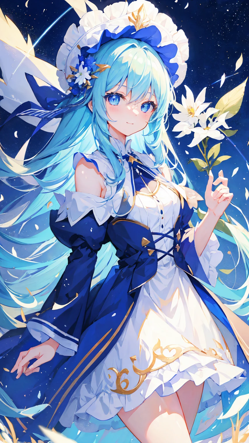 Anime Girl,light blue hair,blue eyes,White裙子,White,Flower headdress,Standing in the flower field,Smile,Starry sky background,Popular topics on artstation pixiv, Digital Art on pixiv, anime art wallpaper 8 k, guweiz on pixiv artstation, Anime Art Wallpaper 4k, Anime Art Wallpaper 4K, Top rated on Pixiv, Beautiful anime artwork, Pixiv competition winner,(Multi-angle)