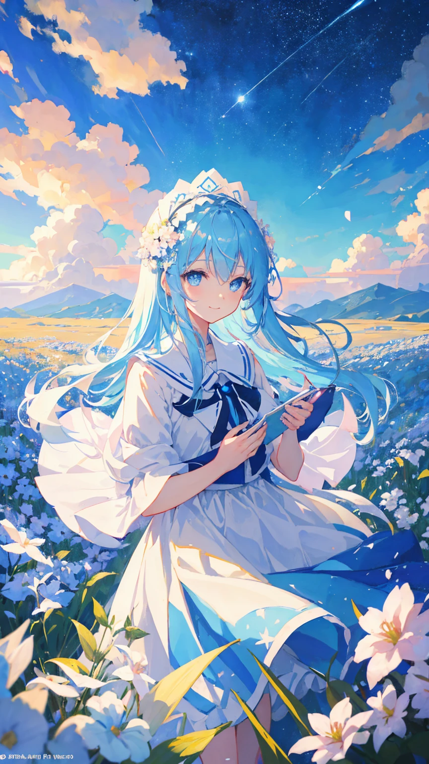 Anime Girl,light blue hair,blue eyes,White裙子,White,Flower headdress,Standing in the flower field,Smile,Starry sky background,Popular topics on artstation pixiv, Digital Art on pixiv, anime art wallpaper 8 k, guweiz on pixiv artstation, Anime Art Wallpaper 4k, Anime Art Wallpaper 4K, Top rated on Pixiv, Beautiful anime artwork, Pixiv competition winner,(Multi-angle)