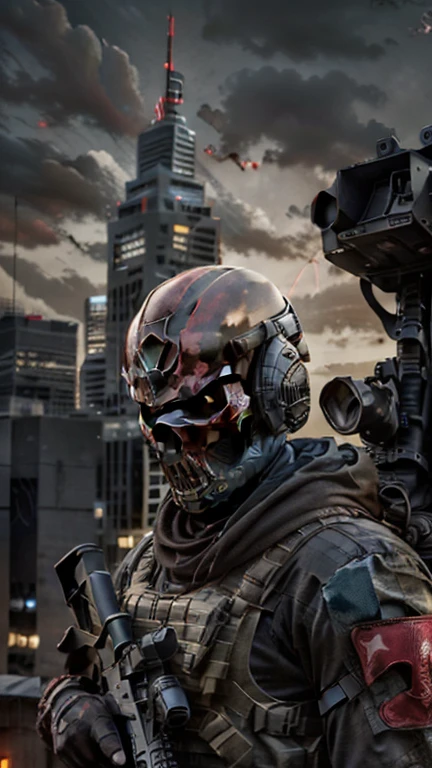 man strong, soldier in red uniform. Special forces, red skull mask and helmet, dark red helmet and armor, light red uniform, army, holding gun, The Death Squad, Helicopters in the sky