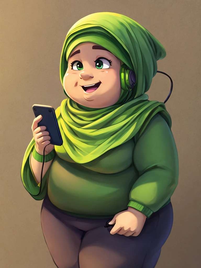 A Cabbage cartoon short fat woman wearing a green hijab and holds her mobile and earphones