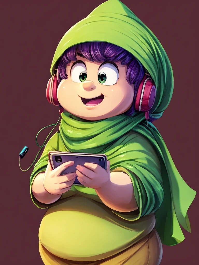 A Cabbage cartoon short fat woman wearing a green hijab and holds her mobile and earphones 