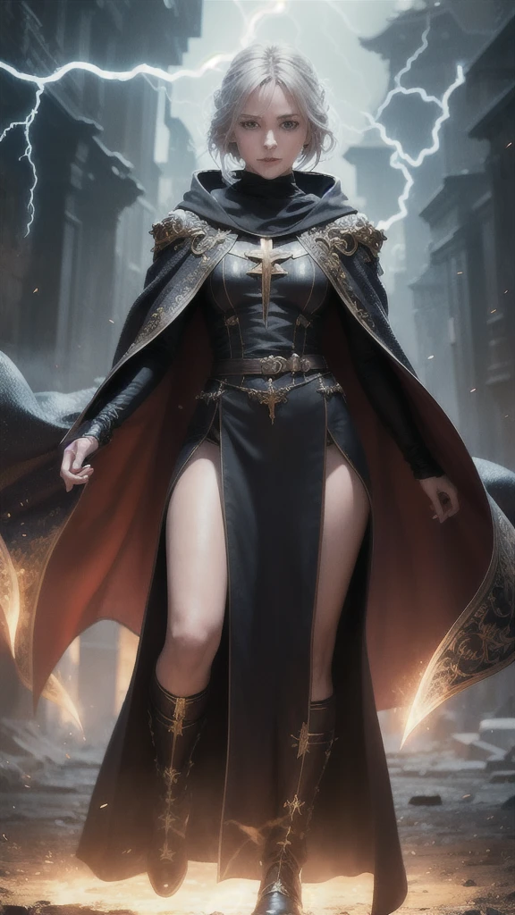 (skindentation:1.5), Realistic, Photorealistic, (masterpiece:1.5), concept art, intricate details, highly detailed, photorealistic, octane render, 8k, unreal engine, dynamic pose, best quality, highres, (realistic face:1.1), (hyperrealistic:1.1), ((full_body)), perfect eyes,(shiny skin:1.2), (((hairstyle))), (((perfect hands))), (extremely detailed background), ((dynamic background)), ((lightning)), (light rays), ((1girl)), wearing cloak, (((flowing cloak))), ((detailed eyes, high quality eyes, high quality face)), (extremely intricate robes, magical robes), short hair, casting lightning, electricity, swirling fire, radiating power, sparks, smoke, magic, ((dramatic)), epic, battlefield, depth of field, bokeh, 4k, gothic, ember, particles
