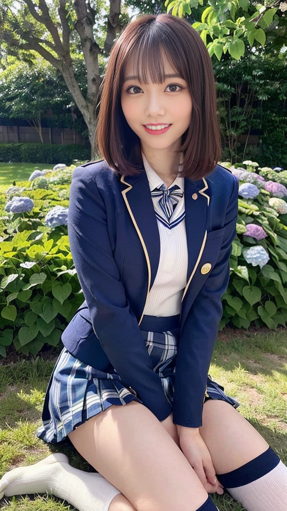 (8k, Raw photo, highest quality, masterpiece:1.2), masterpiece, highest quality, figure, Very detailed, Fine details, High resolution, 8k,wallpaper, Perfect dynamic composition,(Detailed high quality, Realistic depiction of eyes:1.15), (1 high school girl)、 (uniform、blazer 、Super Short Check Uniform Skirt、Navy blue knee-high socks、Disheveled uniform:1.2), very Short Hair,pixie hair, Black hair color, hugeな胸, Big Natural Color Lip, Bold sexy pose, (Perfect figure), Cold Stare, Beautiful Makeup,Glitter makeup,The cutest 18 year old, Beautiful feet, Gravure idol pose, Voluptuous thighs、((Big eyes that shine like jewels))、Glossy glossy skin、(Droopy big eyes, Natural Makeup、Ultra-high definition beauty face:1.35)、(Ultra high resolution perfect beautiful teeth, Mid-chest, Tight waist, toothy big smile,duck mouth,Dimples,medium breasts,slender waist:1.25)、Young and cute gravure idol、(sitting in the field of hydrangeas:1.25)、