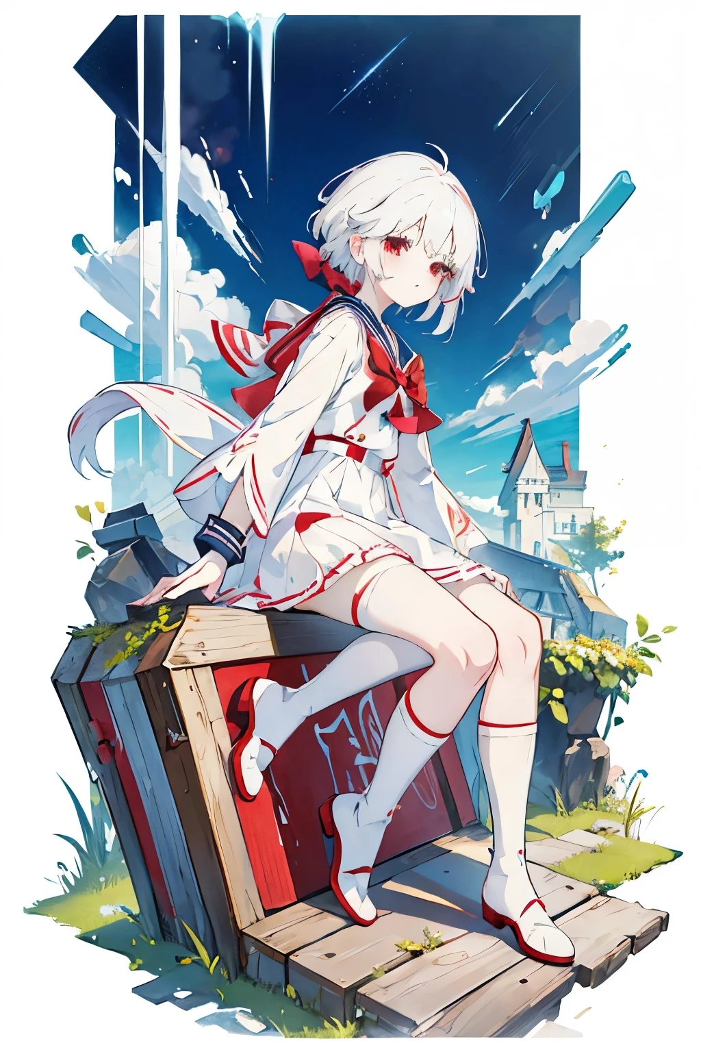 Anime Girls with white hair and red bow sitting on the ground, Sailor dress, Cute girl anime visuals, young Anime Girls, Anime Best Girl, (Anime Girls), pretty Anime Girls, White Hair Girl, beautiful Anime Girls, White background、Full-body portrait、Brown boots、Red Eyes、Marine color dress、Knee-high socks、whiteback、Standing girl
