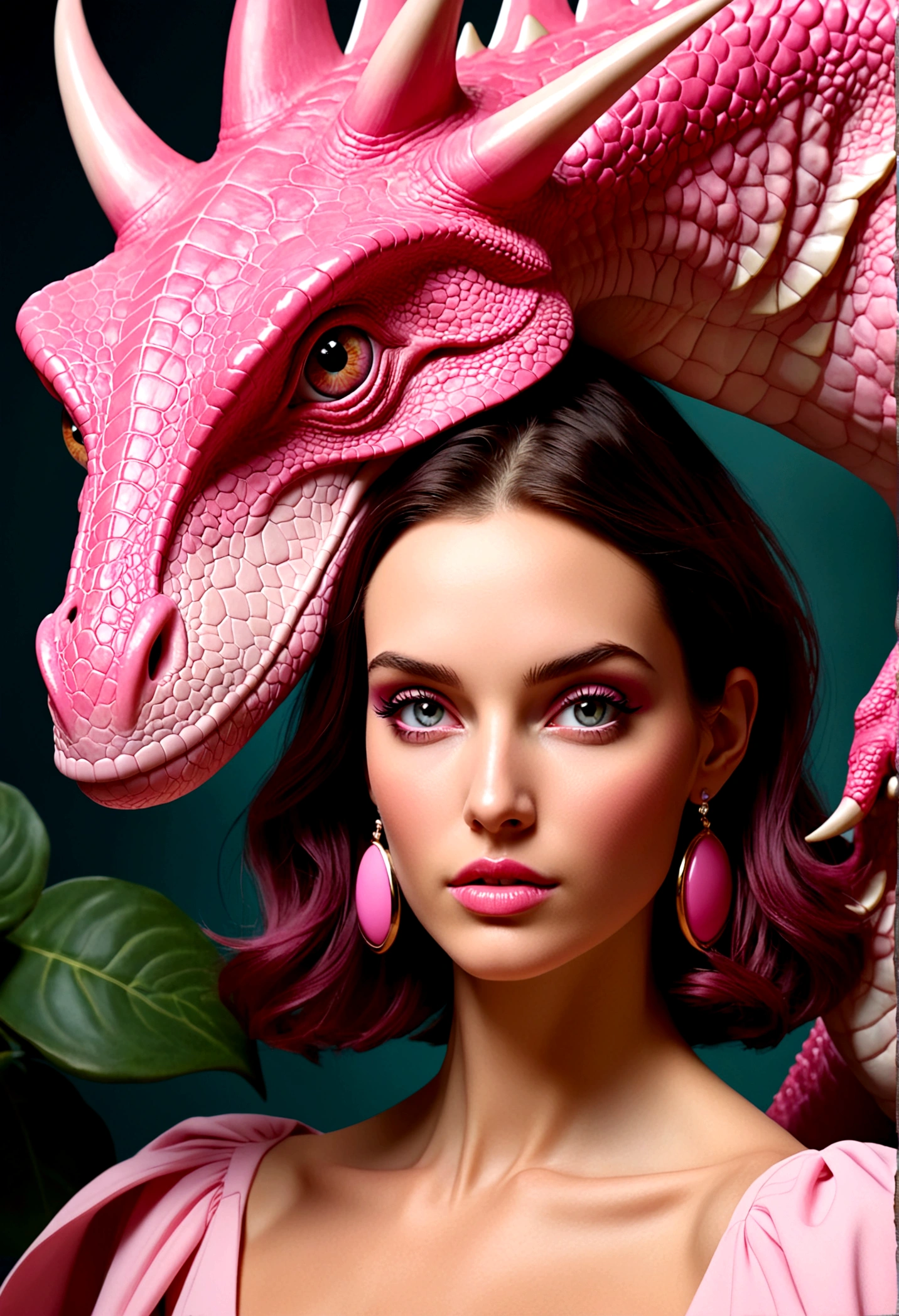 a sublime woman with a pink dinosaur face on the left side, beautiful gemini, humaine et dinosaure rose