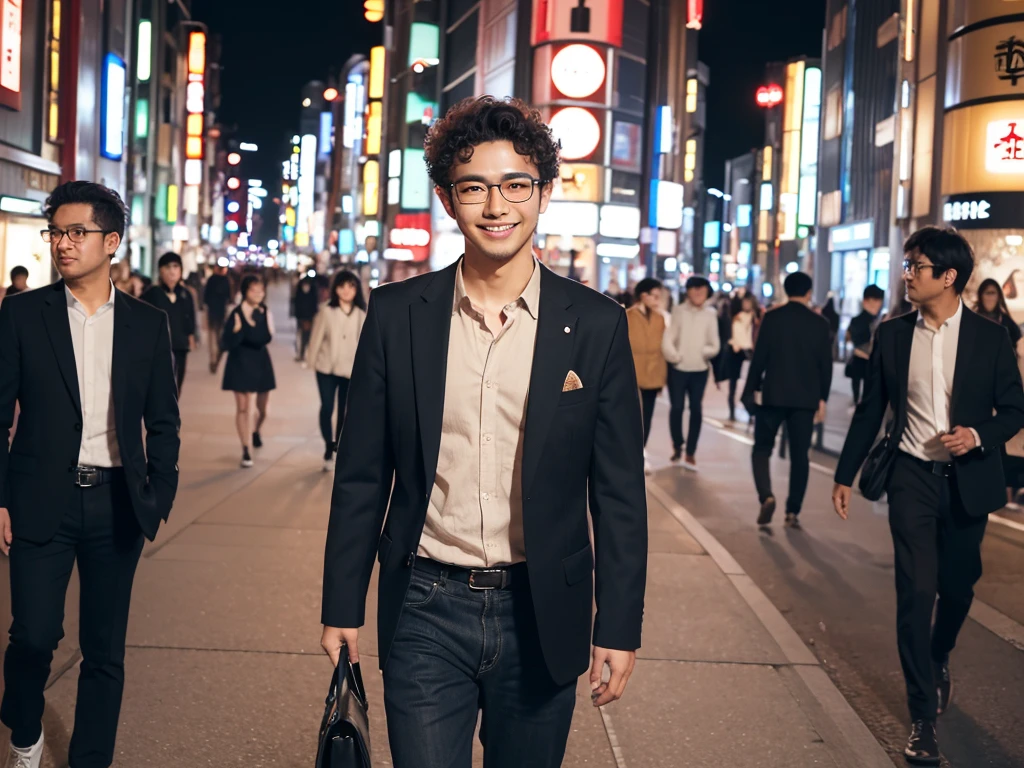 (best quality:1.2), masterpiece, Realistic, Ultra-high resolution, (((1 Japanese man:1.2))), 22 years old, Curly hair, Wearing glasses, Walking with a smile, City at night