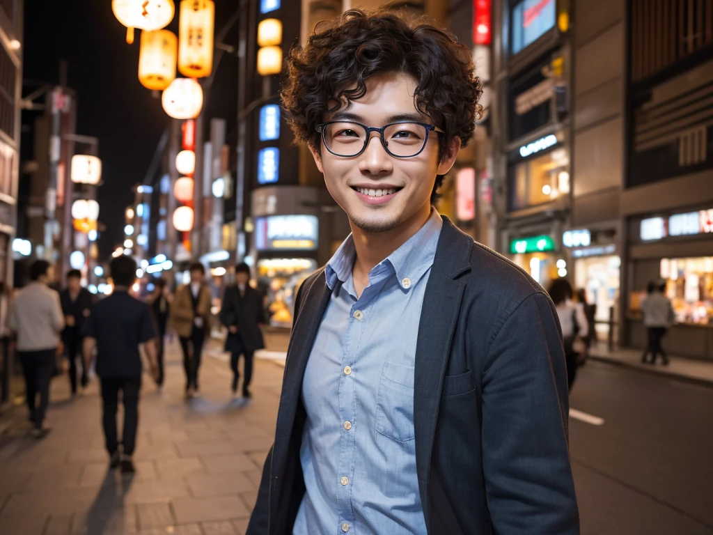 (best quality:1.2), masterpiece, Realistic, Ultra-high resolution, (((1 Japanese man:1.2))), 22 years old, Curly hair, Wearing glasses, Walking with a smile, City at night