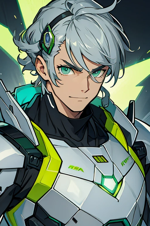 robot man, Grey hair, con hair clips, green eyes, cheerful 