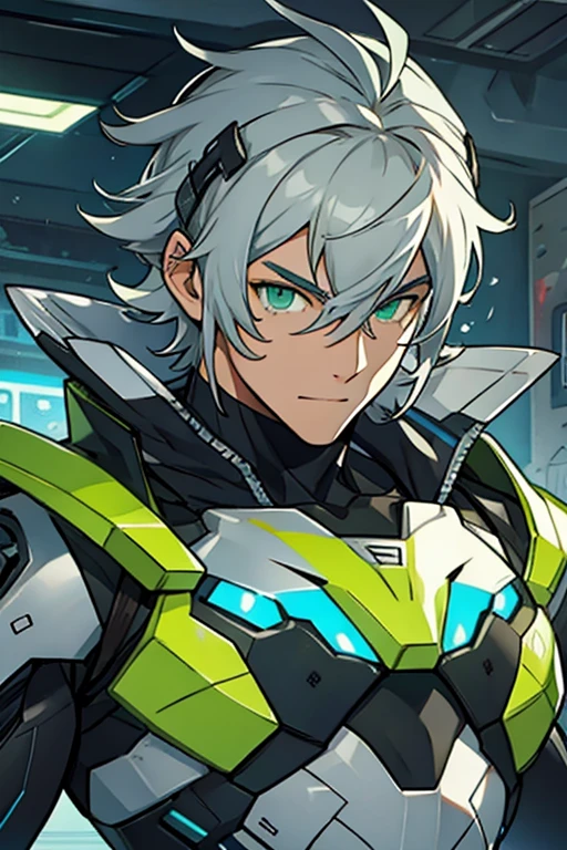 robot man, Grey hair, con hair clips, green eyes, cheerful
