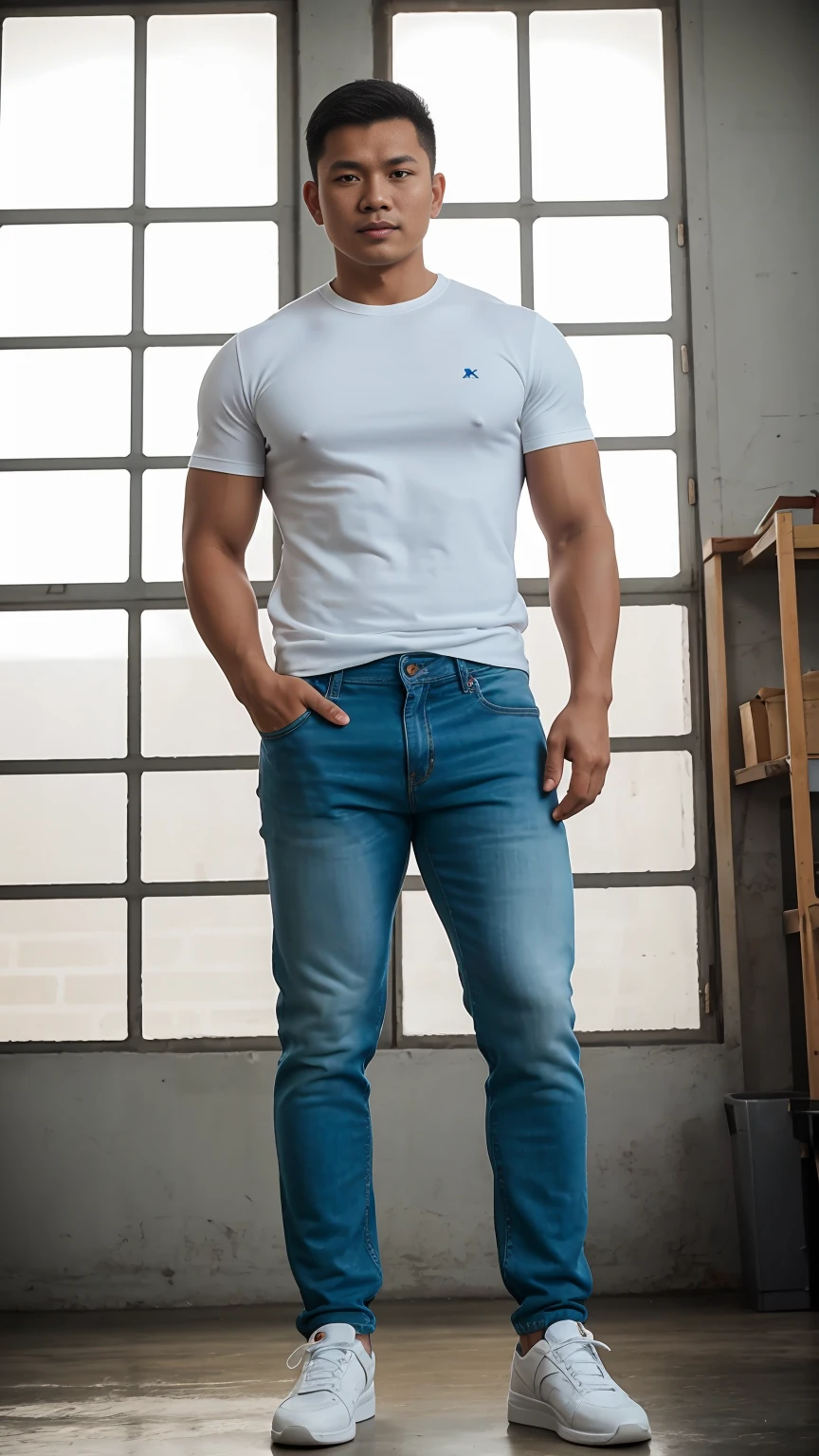 full body, Realistic, Photography, Indonesian man, 28 years, short haired, stocky muscular body, White shirt, long blue jeans, and sneakers, standing in the workshop, facing the camera, stand up straight, masculine pose, calm expression, detailed face, detailed background, bright light, sunlight