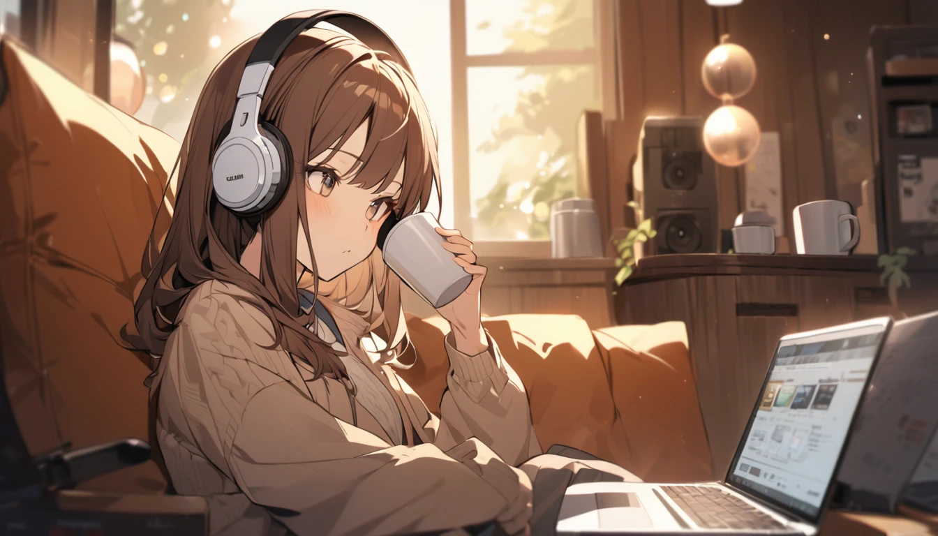Girl wearing headphones,Drinking coffee while listening to jazz,Brown Hair,relax