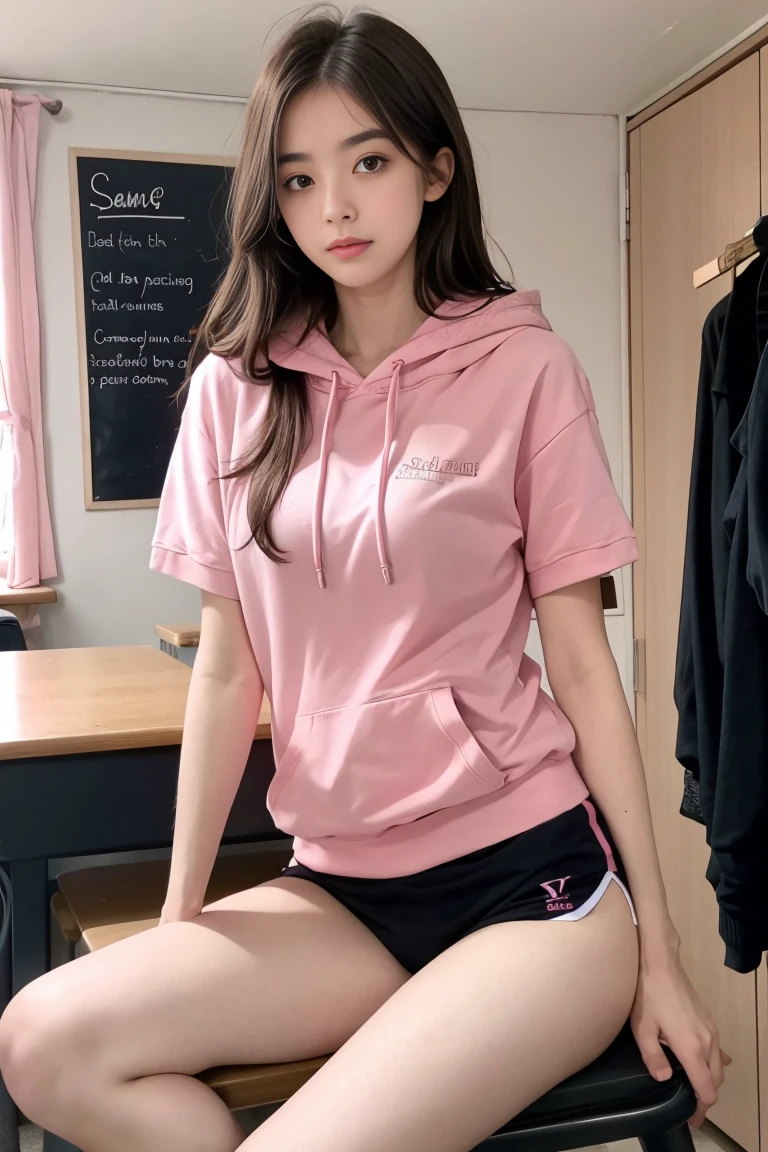 deux femmes ensemble de 18 ans sexy et mince , pink short sleeve hoodie , salle de classe, se touche,position sey,sensuel,visible legs,