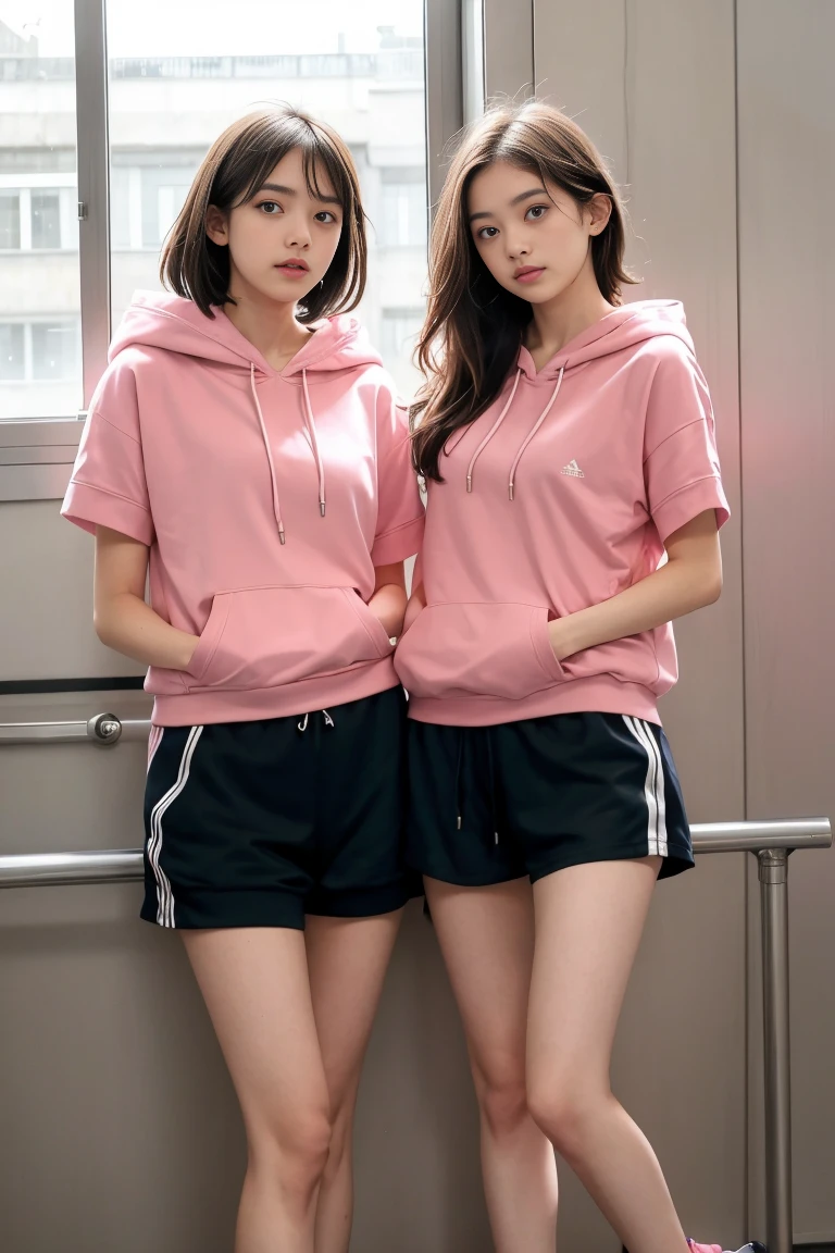 deux femmes ensemble de 18 ans sexy et mince , pink short sleeve hoodie , salle de classe, se touche,position sey,sensuel,visible legs,