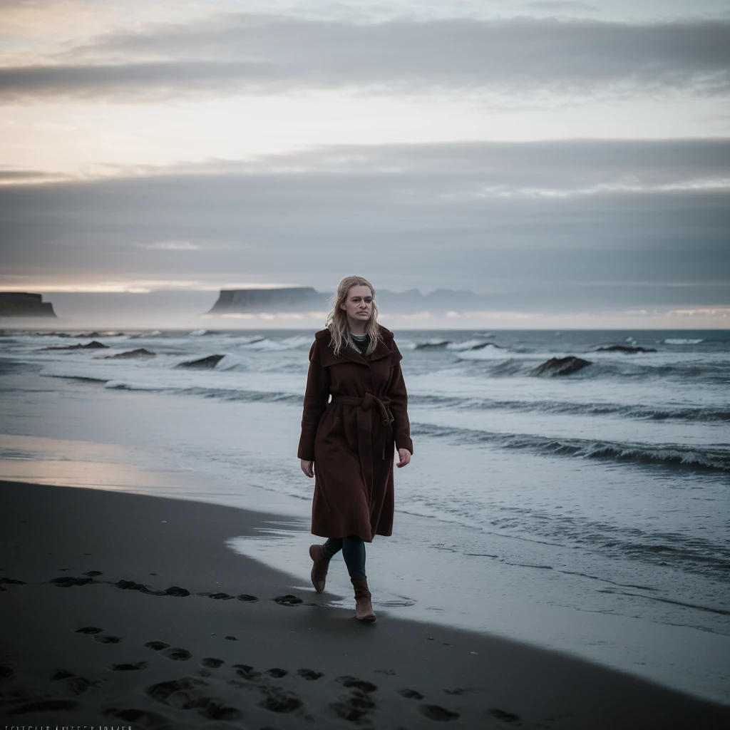 A beautiful cinematic picture of a typical icelandic 25 year old woman walking on the beach, high quality, 1 woman solo, the focus is on the woman