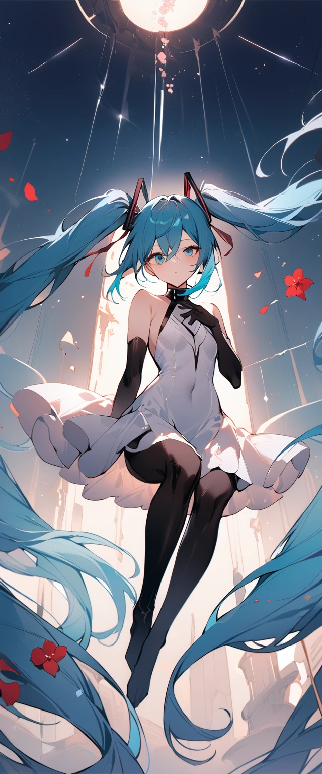 masterpiece, Highest quality, One girl, alone, Long Hair, hatsune miku, Twin tails, very Long Hair, bodysuit, Blue Hair, gloves, whole body, blue eyes, floating, View your viewers, hair ornaments, No sleeve, black gloves, Multicolored Hair, Facial blemishes, No sleeve ドレス, flower, Part your lips, absurdly Long Hair, elbow gloves, White Dress, Hair between the eyes, 