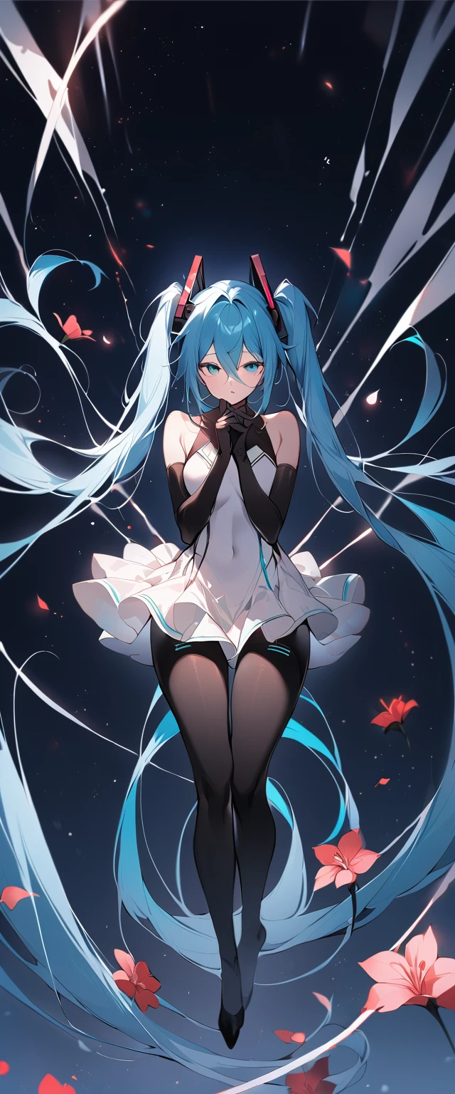 masterpiece, Highest quality, One girl, alone, Long Hair, hatsune miku, Twin tails, very Long Hair, bodysuit, Blue Hair, gloves, whole body, blue eyes, floating, View your viewers, hair ornaments, No sleeve, black gloves, Multicolored Hair, Facial blemishes, No sleeve ドレス, flower, Part your lips, absurdly Long Hair, elbow gloves, White Dress, Hair between the eyes, 