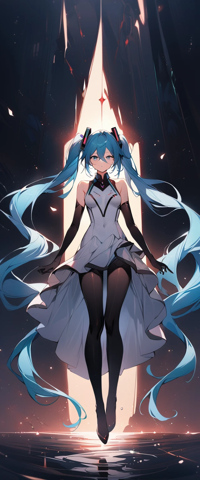 masterpiece, Highest quality, One girl, alone, Long Hair, hatsune miku, Twin tails, very Long Hair, bodysuit, Blue Hair, gloves, whole body, blue eyes, floating, View your viewers, hair ornaments, No sleeve, black gloves, Multicolored Hair, Facial blemishes, No sleeve ドレス, flower, Part your lips, absurdly Long Hair, elbow gloves, White Dress, Hair between the eyes, 