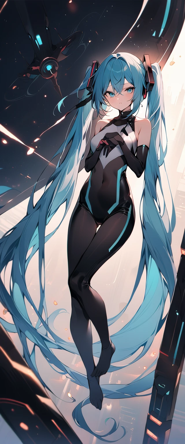 masterpiece, Highest quality, One girl, alone, Long Hair, hatsune miku, Twin tails, very Long Hair, bodysuit, Blue Hair, gloves, whole body, blue eyes, floating, View your viewers, hair ornaments, No sleeve, black gloves, Multicolored Hair, Facial blemishes, No sleeve ドレス, flower, Part your lips, absurdly Long Hair, elbow gloves, White Dress, Hair between the eyes, 