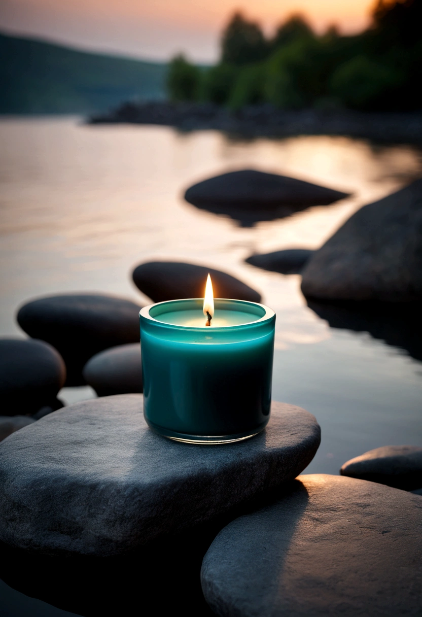 candle с кокосовым ароматом, candle, jar with aroma candle, candle горит, a jar with a candle stands on a stone, soft aura, blurred background, Dark, Strict style, Stylish design, cold haze, small jar, atmosphere, on a rock by the water 