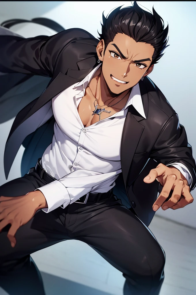 1man, young man, brown skin, brown eyes, mischievous smile, curly mid-long hair, black hair, wolfcut hairstyle, formal outfit, white shirt with rolled up sleeves, white shirt top buttons open, tattooed forearms, black kerchief around neck, black suit pants, black leather belt with silver buckle, black suit jacket, jacket over shoulders like a cape, black leather boots with silver buckles, silver rings on fingers, three silver earrings on right ear, no white skin, hunterxhunter anime style