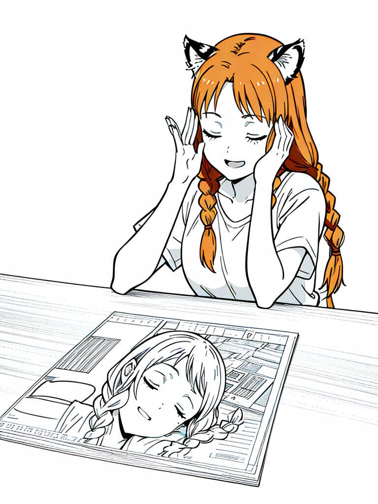 1girl,20 years old,solo,mature female,tiger ears,long hair,(twin braids),orange hair,casual,(white background,line drawing),closed eyes,open mouth,happy,from front,pov across table,waving, waving arm,hand_on_own_face, head_rest, hand_on_own_cheek