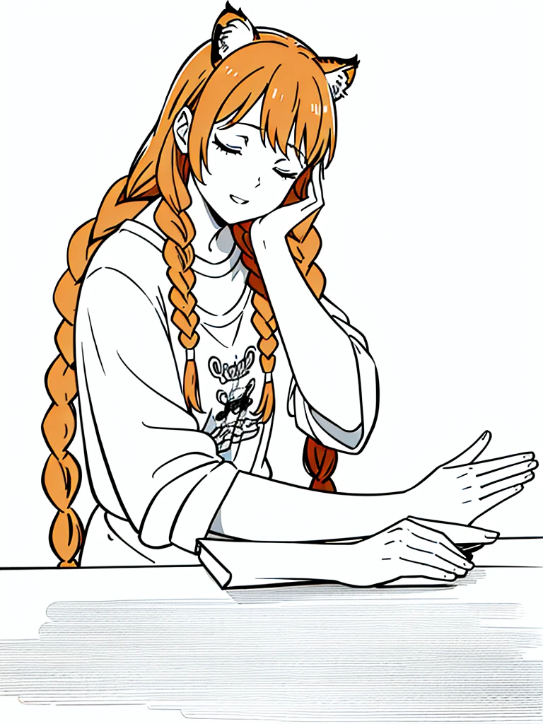 1girl,20 years old,solo,mature female,tiger ears,long hair,(twin braids),orange hair,casual,(white background,line drawing),closed eyes,open mouth,happy,from front,pov across table,waving, waving arm,hand_on_own_face, head_rest, hand_on_own_cheek