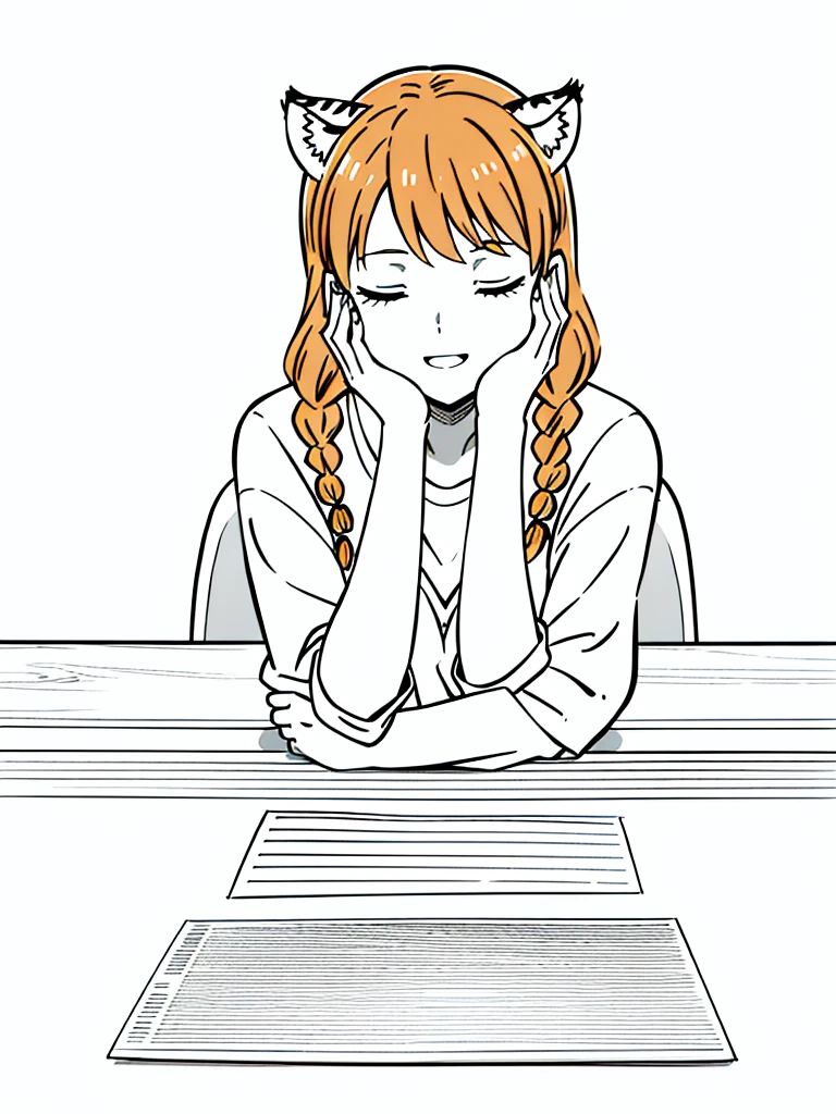 1girl,20 years old,solo,mature female,tiger ears,long hair,(twin braids),orange hair,casual,(white background,line drawing),closed eyes,open mouth,happy,from front,pov across table,waving, waving arm,hand_on_own_face, head_rest, hand_on_own_cheek