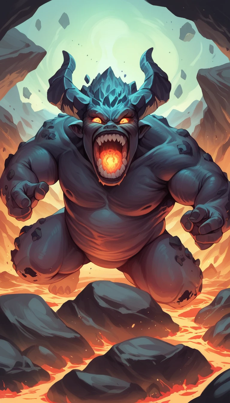 horns, no_humans, glowing, glowing_eyes, giant, molten_rock, monster, destruction, teeth, demon, solo, sharp_teeth, muscular, kaijuu, open_mouth