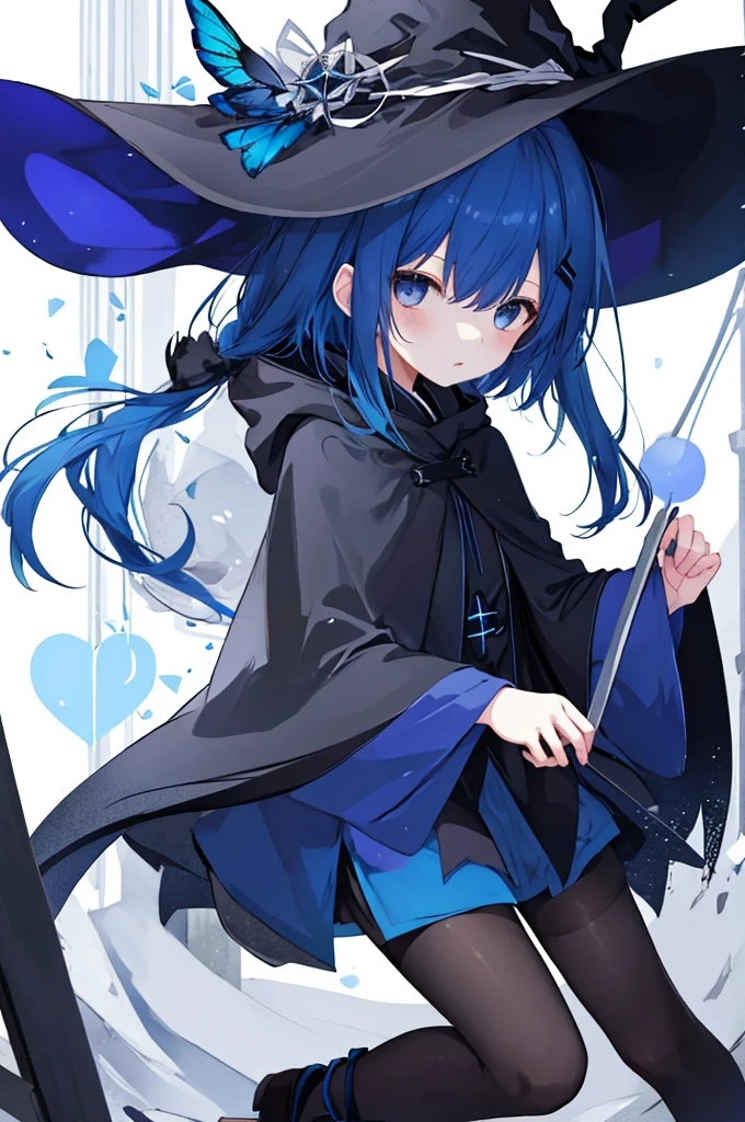 Girl wearing witch hat、Blue hair short、Black cloak、stockings