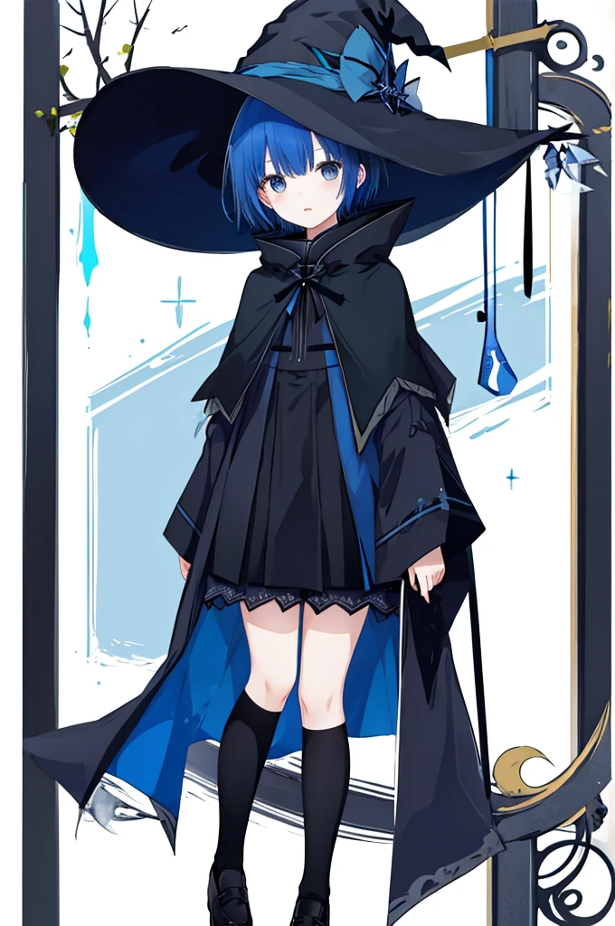 Girl wearing witch hat、Blue hair short、Black cloak、stockings