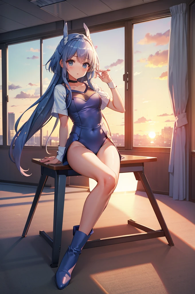 Sit at a desk，classroom，sunset，High leg，leotard，boots，high resolution，Overall image，