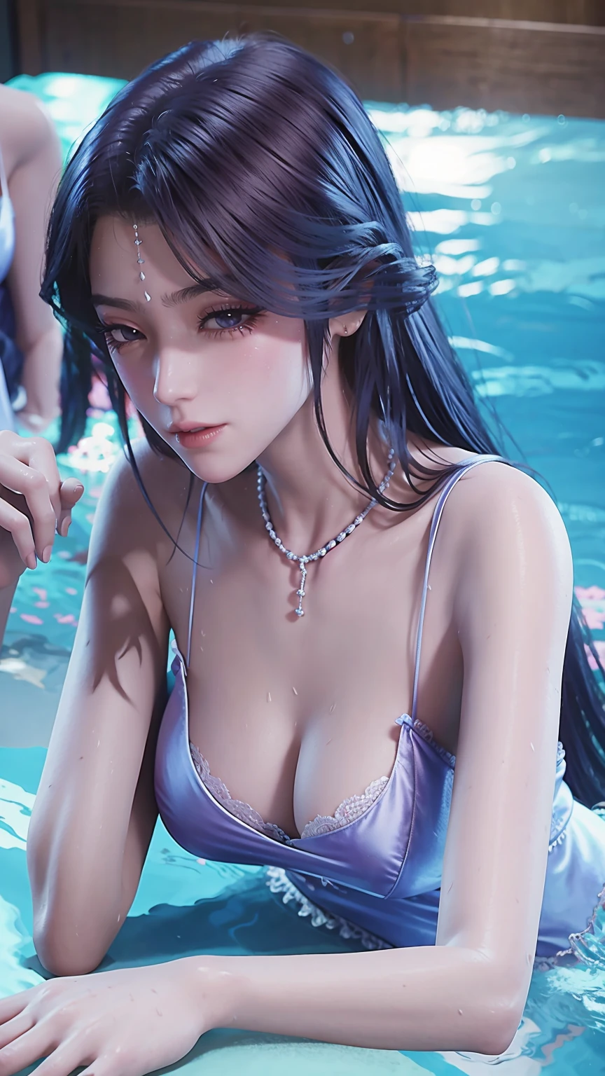 一个女孩Lying in bed，Face up，Raise your legs slightly，Front view super detailed beautiful big breasted girl . Ultra HD, 4K, 8K, Movie，whole body，Lying down，Long legs，Very big breasts，whole body捕捉，（（（Lying in bed））），（（（whole bodyLying in bed））），big bed，Off-shoulder，Shoulder to shoulder，Lying in bed，Sleeping on the pillow，Lying down，Headrest pillows，，Wet all over，Water Magic，Wet