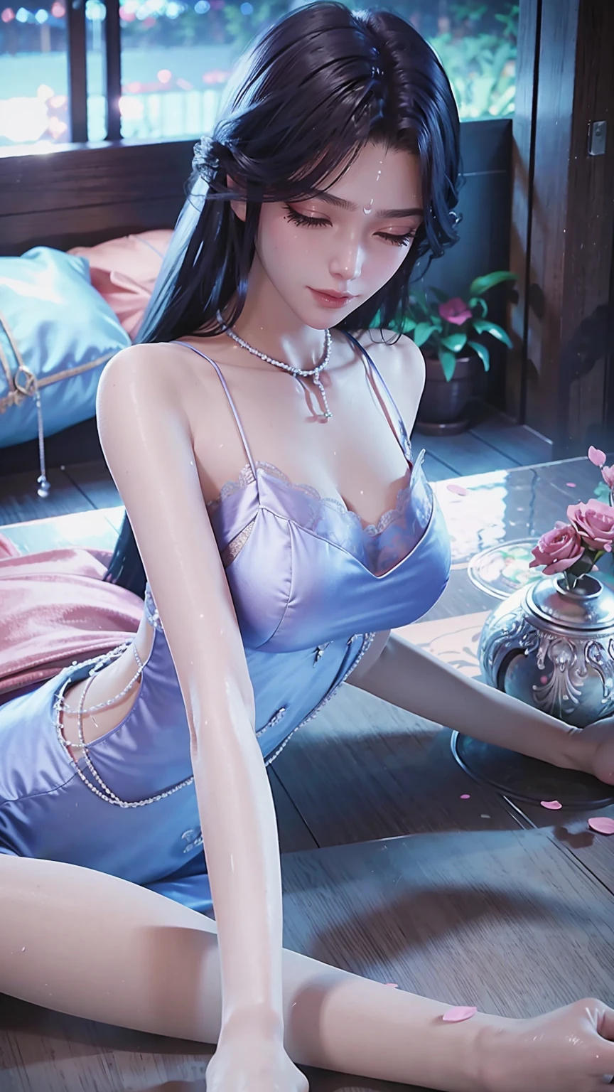 一个女孩Lying in bed，Face up，Raise your legs slightly，Front view super detailed beautiful big breasted girl ************. Ultra HD, 4K, 8K, Movie，whole body，Lying down，Long legs，Very big breasts，whole body捕捉，（（（Lying in bed））），（（（whole bodyLying in bed））），big bed，Off-shoulder，Shoulder to shoulder，Lying in bed，Sleeping on the pillow，Lying down，Headrest pillows，，Wet all over，Water Magic，Wet